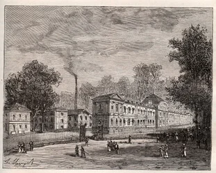 Vue extérieure de la Manufacture impériale de porcelaine de Sèvres, construite dans le parc de Saint-Cloud selon les plans de l