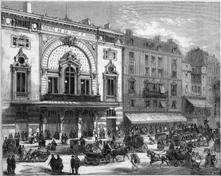 Vue extérieure du théâtre de la Porte Saint Martin à Paris, reconstruit en 1873. Gravure dans Le Monde Illustré n°856 du 6 septembre 1873.
