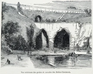 Vue extérieure des cascades et grottes des Buttes Chaumont, gravure du 19e siècle