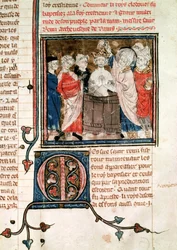 F.11r Saint Remi (c.438-533) Évêque de Reims, baptisant et oignant Clovis Ier (465-511) Roi des Francs, des Grandes Chroniques de France, 1375-79