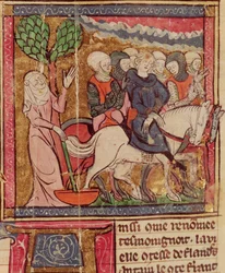 Ferdinand de Portugal (1186-1233) Comte de Flandre emmené prisonnier à Paris après la bataille de Bouvines, 27 juillet 1214, Grandes Chroniques de France, 1375-79