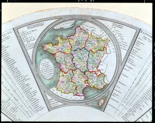Éventail représentant la Carte de France divisée en 9 régions, 10 métropoles et 83 départements, 1790