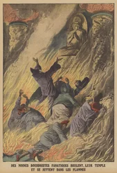 Moines bouddhistes fanatiques brûlant leur temple et se jetant dans les flammes sur l