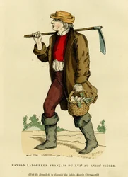 Costume paysan du XVIIe au XVIIIe siècle. Gravure en couleur d