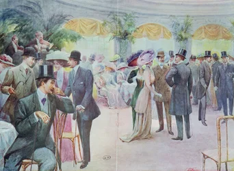 Planche de mode représentant une réunion mondaine, 1908