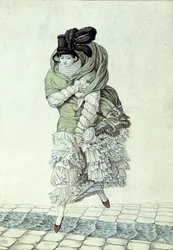 Planche de mode représentant une dame traversant un ruisseau d