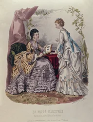 Planche de mode montrant des dames en robes conçues par Mme Breant-Castel et regardant des albums photos, 1872