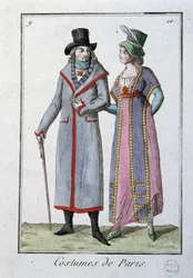 Mode sous le Directoire : un couple de Parisiens élégants. Lithographie anonyme de 1795. Paris, musée du costume