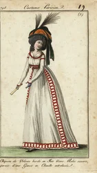 Femme à la mode avec éventail, coiffure énorme et chapeau