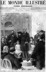 Ferdinand de Lesseps entouré de sa famille et de ses compagnons de voyage, racontant son voyage à Panama dans la Salle de la Sorbonne. Couverture du « Monde Illustré » de 1880.