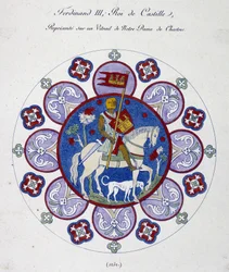 Fernand III, roi de Castille, représenté sur un vitrail de Notre-Dame de Chartres (1252). Similitude collégiale.