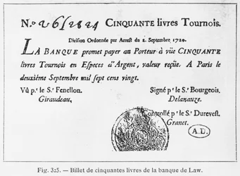 Billet de banque français de cinquante livres de la Banque Law, daté du 2 septembre 1720