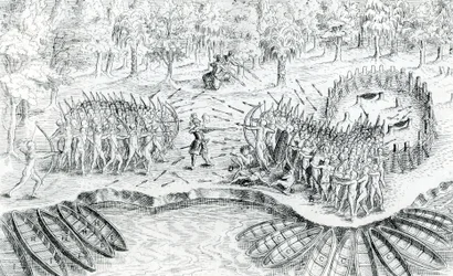 Combat des Hurons, tiré du Voyage de Champlain en 1624 par Samuel de Champlain