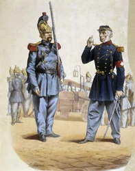 Pompiers en 1860 - dessin par Perron, Arts Déco