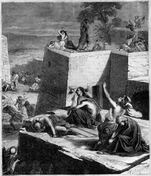 Première Croisade (1096-1099) : Les Croisés allemands écrasent les Hongrois et incendient les villes. Gravure dans « Histoire des Papes-Rois-Reines et Empereurs à travers les siècles » par Maurice Lachatre