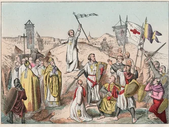 Première Croisade : le siège et la prise de Jérusalem par les croisés dirigés par Godefroy de Bouillon en 1099 - Gravure de la fin du XIXe siècle dans "Nos Gloires Nationales - Images et récits"