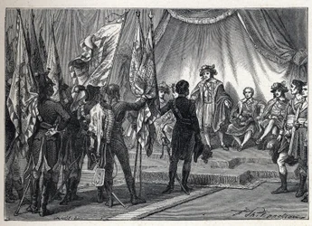 Première coalition : Joachim Murat (1767-1815) présente au Directoire les drapeaux conquis par l
