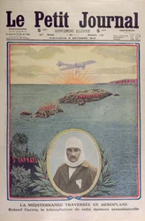 Première traversée de la mer Méditerranée le 23 septembre 1913 par Roland Garros (1888-1918), illustration de couverture du Petit Journal 5 octobre 1913