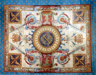 Premier empire : tapis de la salle du trône au Palais des Tuileries fabriqué à la savonnerie. Dim. 7,80 x 6,40 m. 1809 Malmaison, musée du château