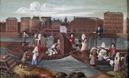 Poisson et lavande au revers. Détail au revers montrant les loisirs des vendeurs de lavande mangeant, bavardant avec d