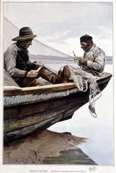 Pêcheurs ramant des filets à bord, v. 1895