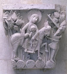 La Fuite en Égypte, chapiteau original de la nef de la cathédrale