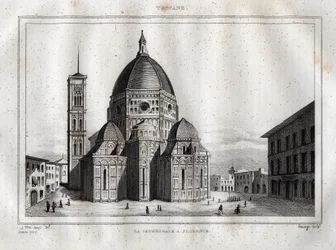 Cathédrale de Florence - Vue de la cathédrale de Florence, Duomo Santa Maria del Fiore. La coupole fut réalisée par Filippo Brunelleschi vers 1420-1436, Florence, Italie - Gravure tirée de « Italy Picturesque - Historical and Descriptive Table of Italy »