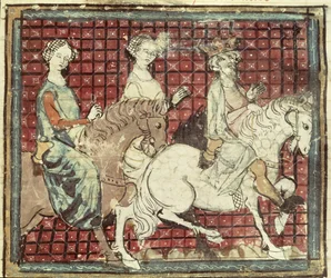 Fol.31r Chilpéric Ier (543-97) et Frédégonde à cheval, des Grandes Chroniques de France, 1375-79