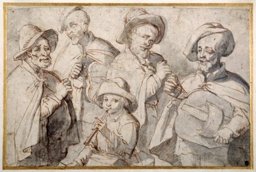 Quatre joueurs de vielle et un garçon avec une pipe, École de Lorraine