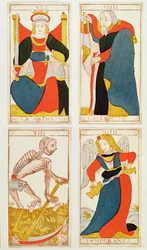 Quatre cartes de tarot représentant la Justice, la Tempérance, la Mort et l
