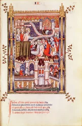 Saint Denis prêchant aux Parisiens qui brisent leurs idoles païennes, de la Vie de Saint Denis, 1317