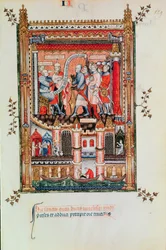 Sisinnius donnant des ordres à Saint Denis et ses compagnons amenés devant lui, de la Vie de Saint Denis, 1317