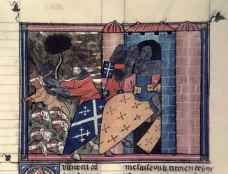 Croisés montés combattant les Sarrasins vers 1185, du Roman de Godefroi de Bouillon