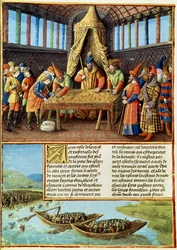 Fr 5594 f.267v Bayezid I recevant la rançon, des Passages faits Outremer écrits par Sébastien Mamerot, vers 1490
