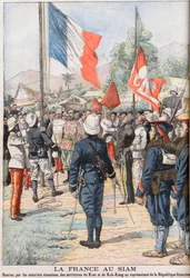 La France prenant possession des territoires de Krat et Koh-Kong, Siam après le traité de 1904 convenu entre les Siamois et les Français. Illustration de 