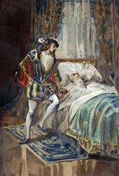 François Ier, roi de France, reçoit les derniers soupirs de Léonard de Vinci (Leonardo da Vinci) à Clos Lucé. Chromolithographie vers 1890
