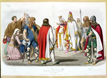 Costumes francs et mérovingiens, planche de mode historique de Les Modes Françaises - Journal des Tailleurs, 1836