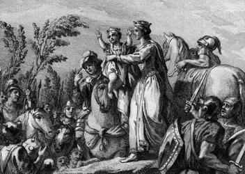 Frédégonde (545-597), reine de Neustrie, tenant dans ses bras son fils, le futur Clotaire II (584-628) ; 584. Gravure du 18e siècle