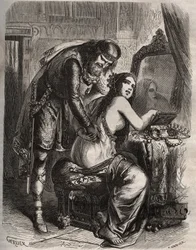 Frédégonde prend son mari, le roi des Francs Chilpéric Ier, pour son amant, Landéric. Le roi découvre que sa femme le trompe. Gravure de 1871 dans "Histoire Des Cocus Célèbres" de Henry de Kock