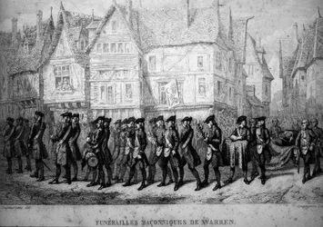 Franc-maçonnerie : funérailles maçonniques de Warren Hastings (1732-1818), administrateur colonial britannique. Gravure tirée de « Picturesque Histoire de la Franc-Maçonnerie et des Sociétés Secrètes antiques et modernes » par F.-T. B. Clavel. Pagnerre