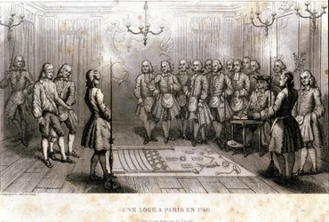 Franc-maçonnerie : réunion secrète dans une loge à Paris en 1740. Gravure tirée de « Histoire pittoresque de la franc-maçonnerie et des sociétés secrètes anciennes et modernes » par F.-T. B. Clavel. Pagnerre, éditeur. 1843.