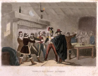 Franc-maçonnerie : le serment des frères faucheurs à Potok en 1821. Gravure extraite de « Histoire pittoresque de la Franc-Maçonnerie et des Sociétés secrètes, anciennes et modernes » de F.-T. B. Clavel. Pagnerre, éditeur. 1843.