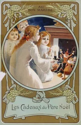 Carte de Noël française montrant des filles avec une bougie la veille de Noël