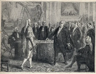 Révolution française - Assemblée générale le 23/06/1789 : Honoré Gabriel Riqueti, comte de Mirabeau (1749-1791) apostrophant Henri Evrard, marquis de Dreux-Brézé (1762-1829). Gravure de 1889. Collection privée.