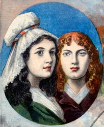Révolution française - Les héroïnes françaises : les sœurs Félicité (1770-1841) et Théophile (1875-1819) de Fernig qui ont combattu déguisées en homme contre les Autrichiens pour surveiller leur père en 1792 - illustration du "Le Petit Journal" du 7 août 1