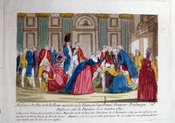 Révolution française : Audience de Louis XVI et Marie-Antoinette le 15/11/1789 accordée à la veuve de François Boulanger massacré par la populace le 21/10/1789. Gravure du 18ème siècle. Paris, Bibliothèque de l