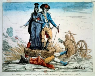 Révolution française : Caricature sur les trois ordres : le clergé et la noblesse écrasant le tiers état sous le poids des impôts et des corvées. 1789 Paris, Musée Carnavalet