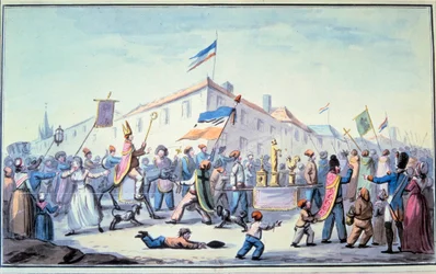 Révolution française : mascarade formée du peuple habillé en vêtements sacerdotaux. Aquarelle anonyme. 1793. Paris, Bibliothèque de l
