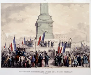 Révolution française de 1848 : proclamation de la Deuxième République au pied de la colonne de Juillet sur la place de la Bastille le 25/02/1848. Lithographie du XIXe siècle. Paris, Musée Carnavalet