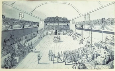 Révolution française : la naissance de la Constitution en septembre 1791 rédigée par Guy Jean-Baptiste Target (1733-1807) dans la salle du Jeu de Paume à Versailles où les députés avaient prêté serment le 20/06/1789. Dessin anonyme vers 1791. Paris, Lou